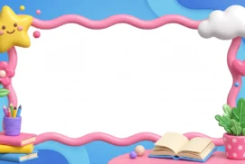 Cute School Frame Background for PowerPoint with 3D Smiling Star, Cloud and Wavy Pink Border