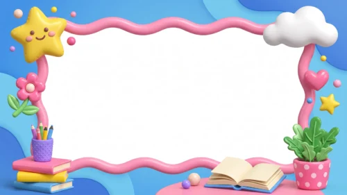 Cute School Frame Background for PowerPoint with 3D Smiling Star, Cloud and Wavy Pink Border Cute School Frame Background for PowerPoint with 3D Smiling Star, Cloud and Wavy Pink Border