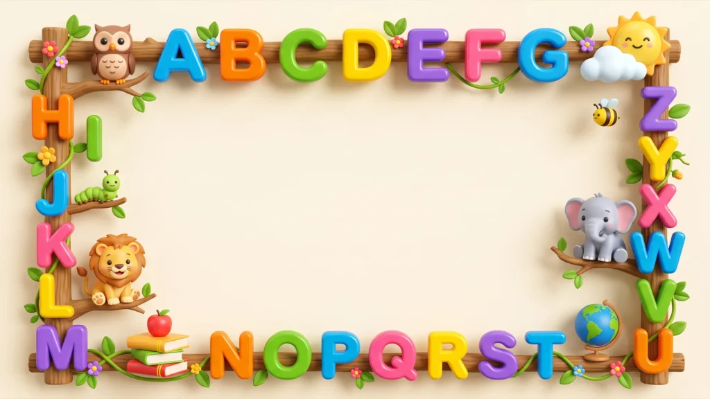 Alphabet School Frame Background for PowerPoint with 3D Colorful Letters and Jungle Animals
