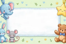 Cute Baby Animals Frame Background for Google Slides with Plush Elephant, Bunny and Teddy on Mint Green