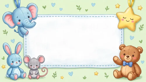 Cute Baby Animals Frame Background for Google Slides with Plush Elephant, Bunny and Teddy on Mint Green