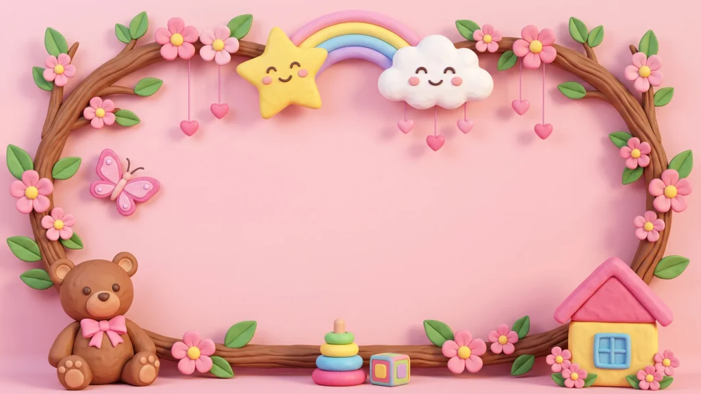 Cute Nursery Frame Background For PowerPoint With A Blossom Branch Oval And Teddy Bear