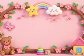 Cute Nursery Frame Background For PowerPoint With A Blossom Branch Oval And Teddy Bear