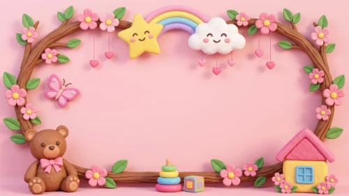 Cute nursery frame background for PowerPoint with an oval blossom branch wreath, teddy bear, smiling star, rainbow, cloud and toy house on pink