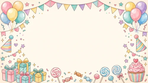 Cute Party Frame Background For Google Slides With Pastel Balloons, Bunting And Candy Cute Party Frame Background For Google Slides With Pastel Balloons, Bunting And Candy