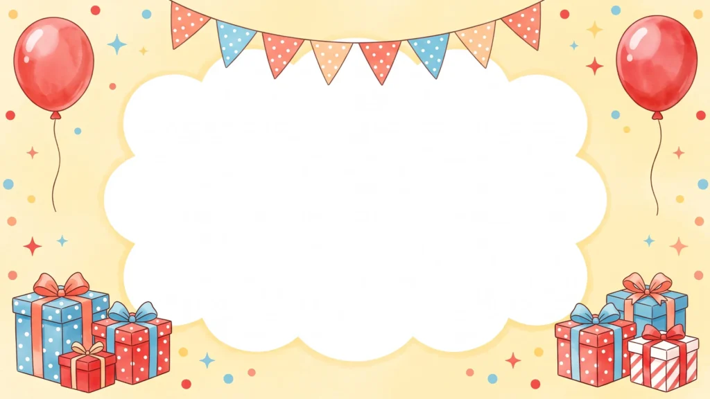 Cute Birthday Frame Background For PowerPoint With A Cloud Center, Bunting And Gift Boxes