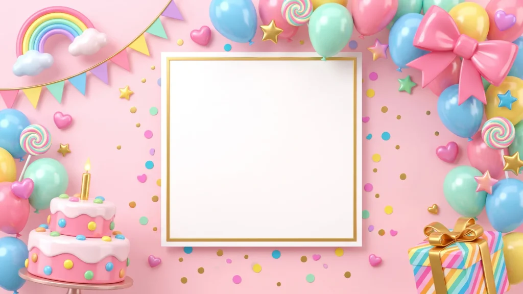 Cute Birthday Frame Background For Google Slides With A Pastel Pink Square Card