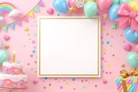 Cute Birthday Frame Background For Google Slides With A Pastel Pink Square Card