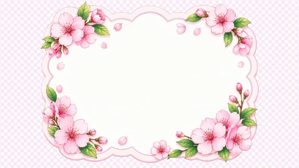 Cherry Blossom Frame Background for Google Slides with Diagonal Pink Bouquets and a Scalloped Outline