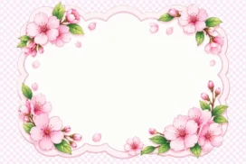Cherry Blossom Frame Background for Google Slides with Diagonal Pink Bouquets and a Scalloped Outline