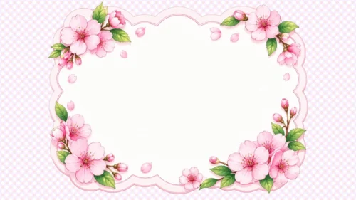 Cherry blossom frame background for Google Slides with two diagonal pink blossom bouquets around a scalloped white panel on a pale pink checked sheet