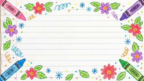 Cute school frame background for PowerPoint, ruled notebook paper with pink, purple, blue and green crayons in the corners and crayon-drawn flowers and confetti