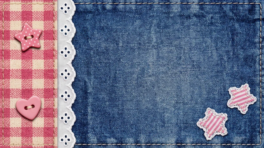 Cute Denim Frame Background For Google Slides With Pink Gingham, Lace And Star Patches
