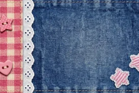 Cute Denim Frame Background For Google Slides With Pink Gingham, Lace And Star Patches