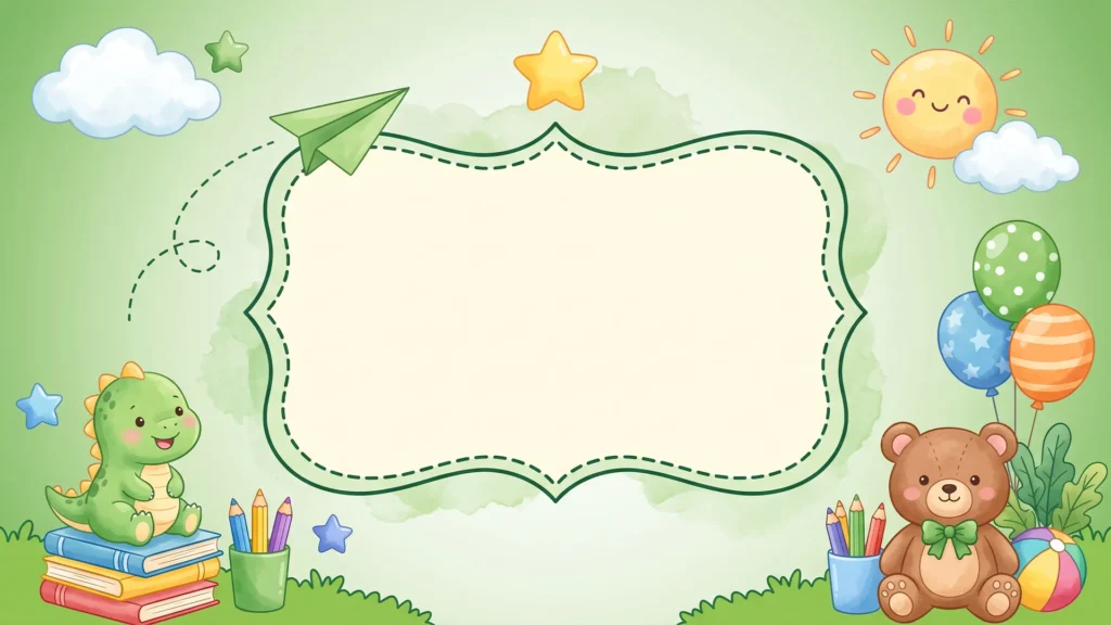 Cute Dinosaur School Frame Background for Google Slides with a Teddy Bear and Party Balloons