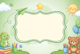 Cute Dinosaur School Frame Background for Google Slides with a Teddy Bear and Party Balloons