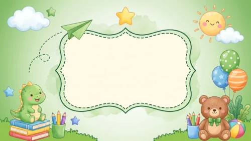 Cute Dinosaur School Frame Background for Google Slides with a Teddy Bear and Party Balloons Cute Dinosaur School Frame Background for Google Slides with a Teddy Bear and Party Balloons