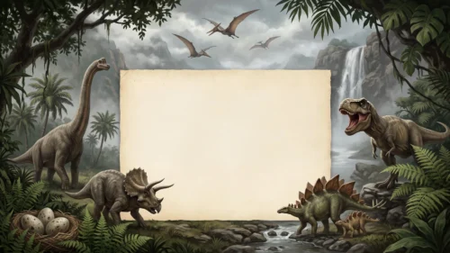 Dinosaur Frame Background for PowerPoint with a Misty Jungle Scene Dinosaur Frame Background for PowerPoint with a Misty Jungle Scene
