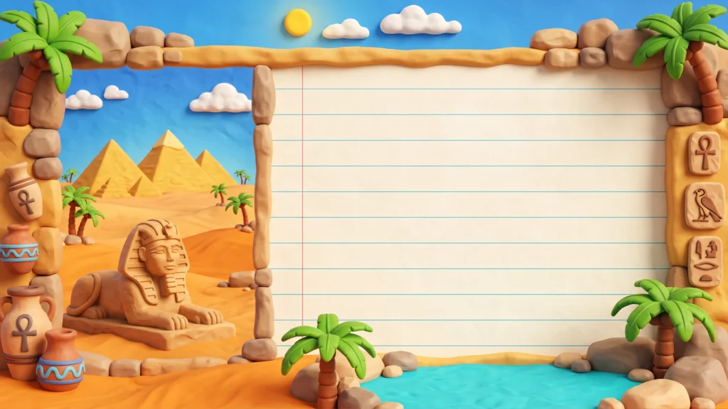 Egyptian School Frame Background for PowerPoint with a Clay Sphinx, Pyramids and Oasis