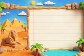 Egyptian School Frame Background for PowerPoint with a Clay Sphinx, Pyramids and Oasis