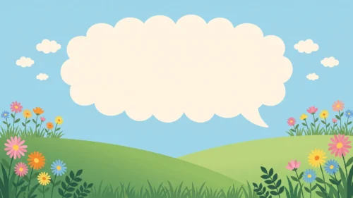 Cute flower hills cloud frame background for PowerPoint with wildflowers and speech bubble cloud