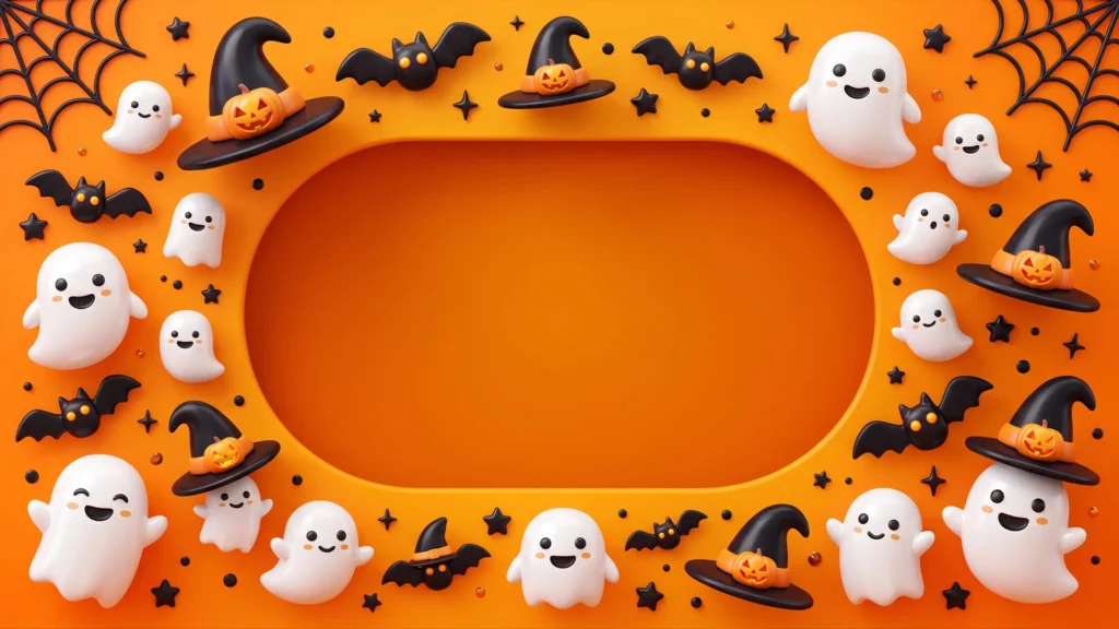 Cute Halloween Ghost Frame Background for PowerPoint with Bats and Witch Hats