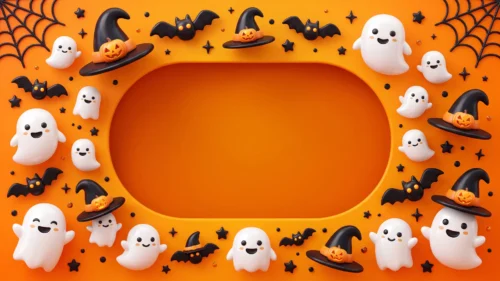 Cute Halloween Ghost Frame Background for PowerPoint with Bats and Witch Hats Cute Halloween Ghost Frame Background for PowerPoint with Bats and Witch Hats