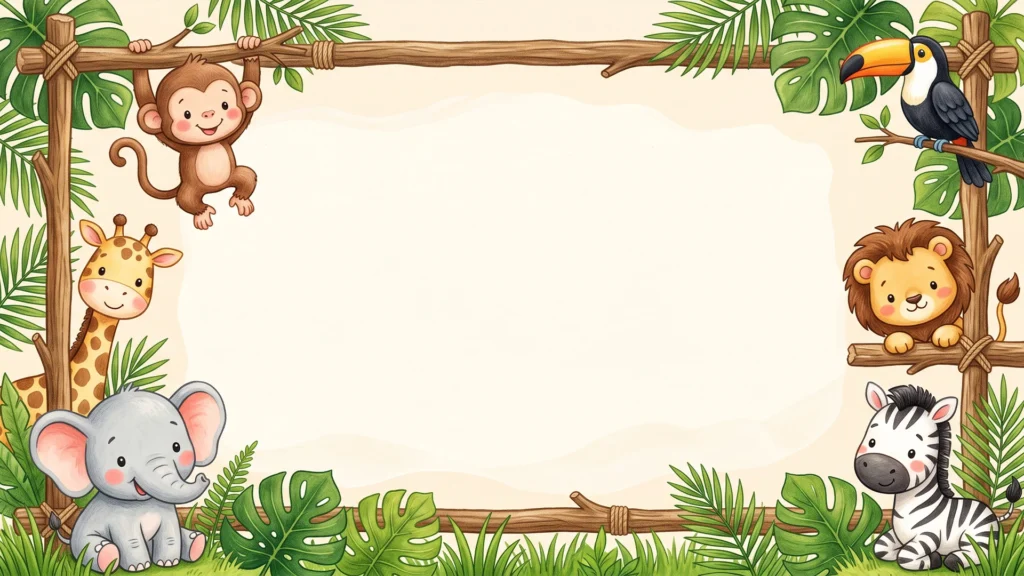 Cute Jungle Animals Frame Background for PowerPoint with a Monkey, Toucan, Lion and Zebra