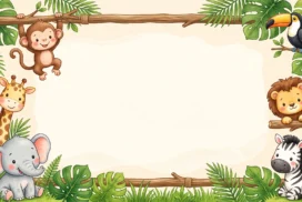 Cute Jungle Animals Frame Background for PowerPoint with a Monkey, Toucan, Lion and Zebra