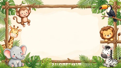 Cute Jungle Animals Frame Background for PowerPoint with a Monkey, Toucan, Lion and Zebra Cute Jungle Animals Frame Background for PowerPoint with a Monkey, Toucan, Lion and Zebra