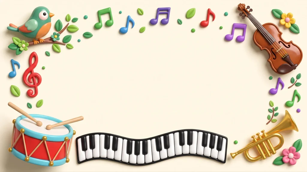 Cute Music Frame Background for PowerPoint with 3D Clay Drum, Violin and Wavy Piano
