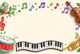 Cute Music Frame Background for PowerPoint with 3D Clay Drum, Violin and Wavy Piano