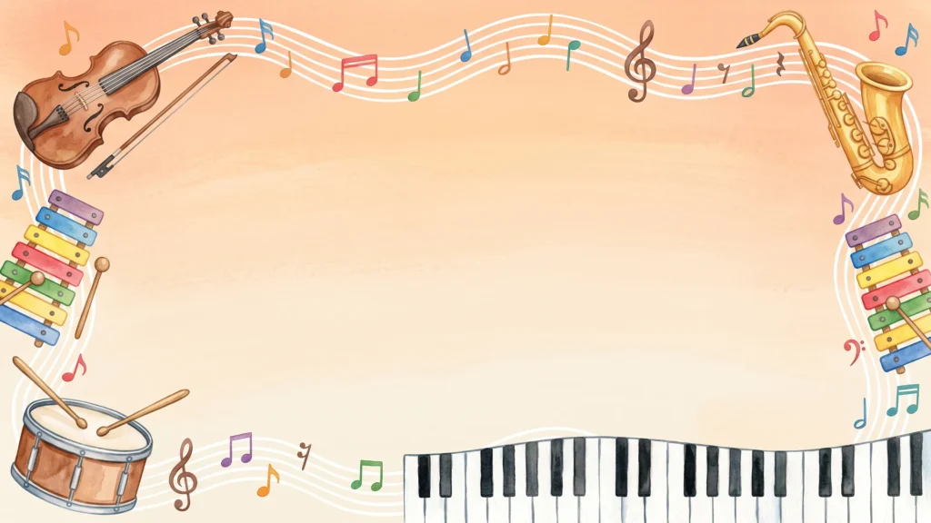 Music School Frame Background for PowerPoint with Watercolor Instruments and a Wavy Staff of Notes