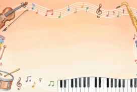Music School Frame Background for PowerPoint with Watercolor Instruments and a Wavy Staff of Notes