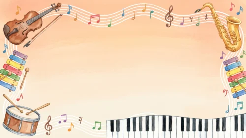 Music School Frame Background for PowerPoint with Watercolor Instruments and a Wavy Staff of Notes
