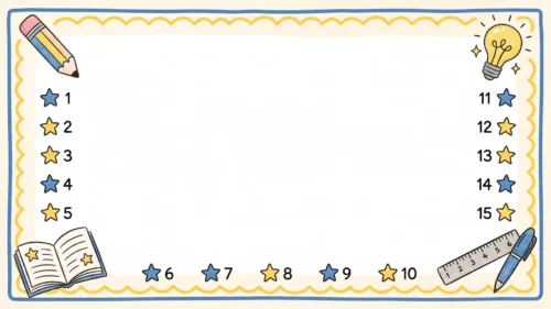 Cute school frame background for Google Slides with a blue and wavy yellow border, numbered stars 1 to 15, a pencil, lightbulb, open book and ruler