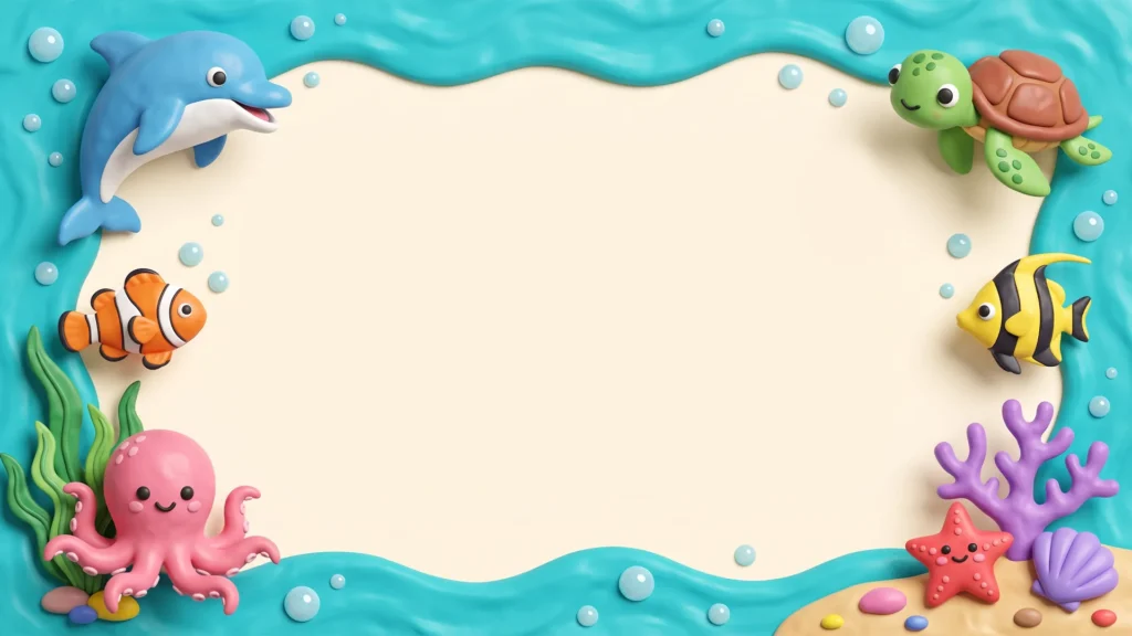 Cute Ocean Animals Frame Background for PowerPoint with a Clay Dolphin, Octopus and Turtle