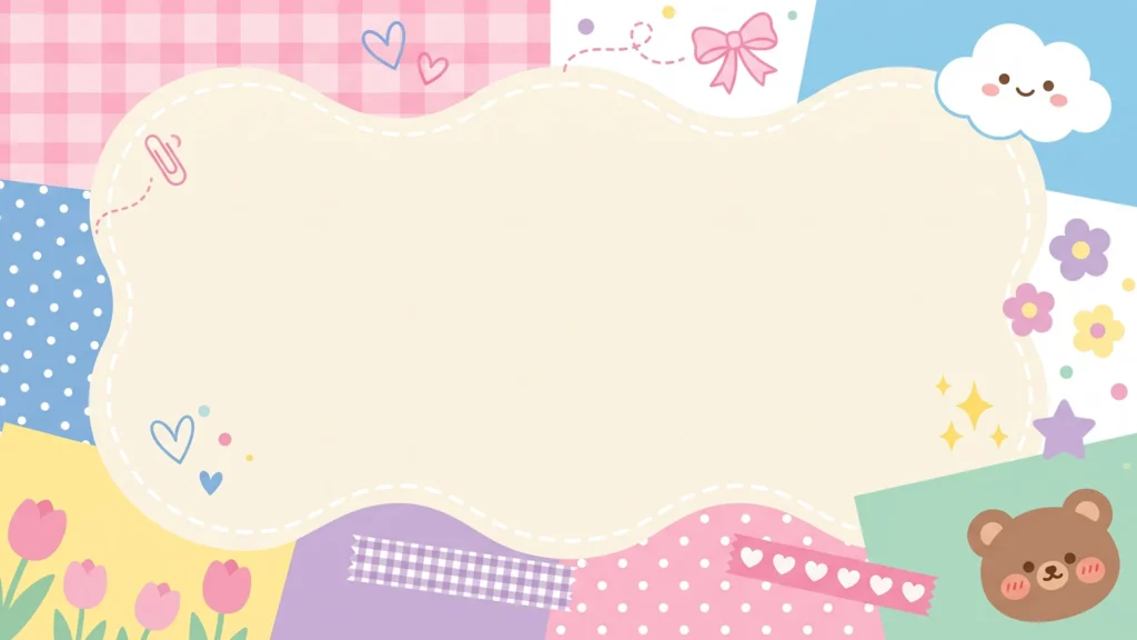Cute Scrapbook Frame Background For Google Slides With A Teddy Bear And Stitched Cream Center