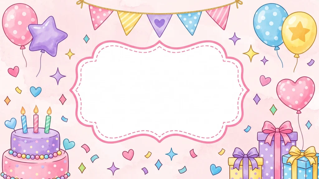Cute Pink Birthday Frame Background For PowerPoint With A Scalloped Label, Cake And Gift Stacks