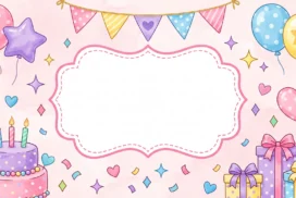 Cute Pink Birthday Frame Background For PowerPoint With A Scalloped Label, Cake And Gift Stacks