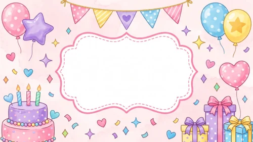 Cute Pink Birthday Frame Background For PowerPoint With A Scalloped Label, Cake And Gift Stacks Cute Pink Birthday Frame Background For PowerPoint With A Scalloped Label, Cake And Gift Stacks