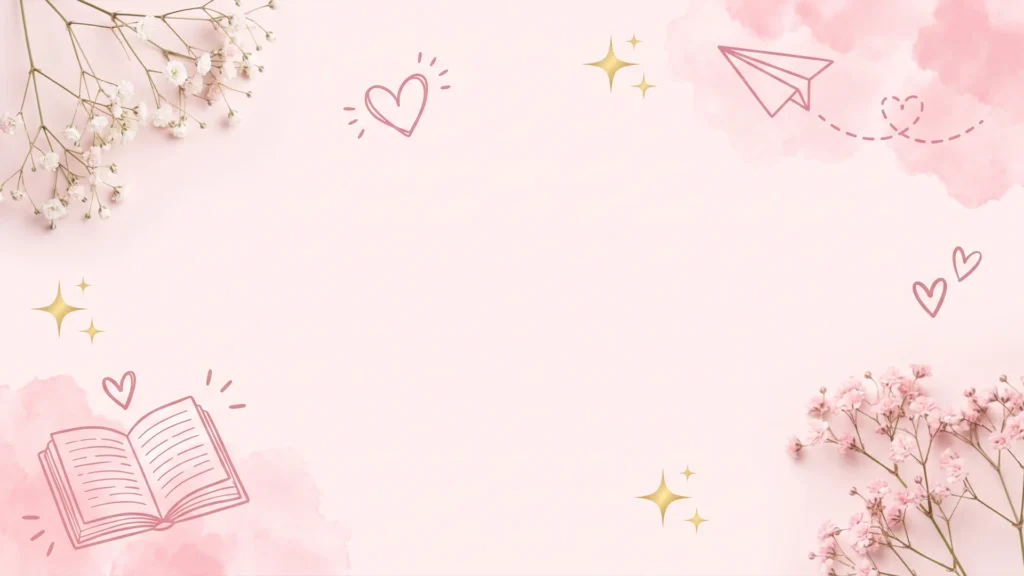Cute Pink Frame Background for Google Slides with Baby’s Breath, an Open Book and a Paper Plane