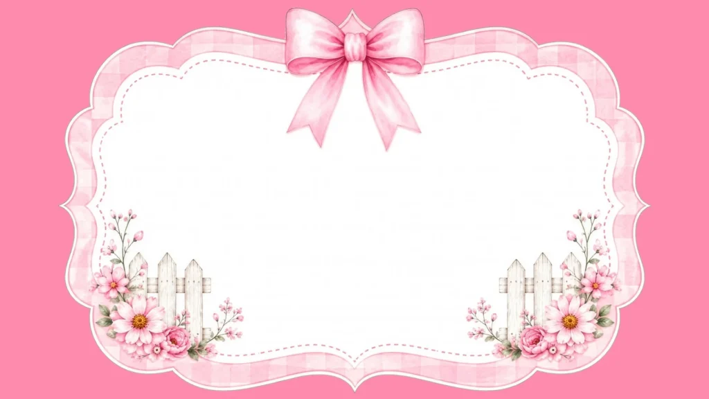 Cute Pink Bow Frame Background for PowerPoint with a Gingham Scalloped Border and Garden Fences