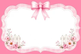 Cute Pink Bow Frame Background for PowerPoint with a Gingham Scalloped Border and Garden Fences