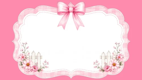 Cute Pink Bow Frame Background for PowerPoint with a Gingham Scalloped Border and Garden Fences