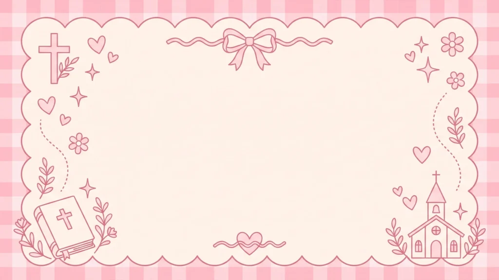 Communion Frame Background for Google Slides with Pink Gingham, Cross and Little Church