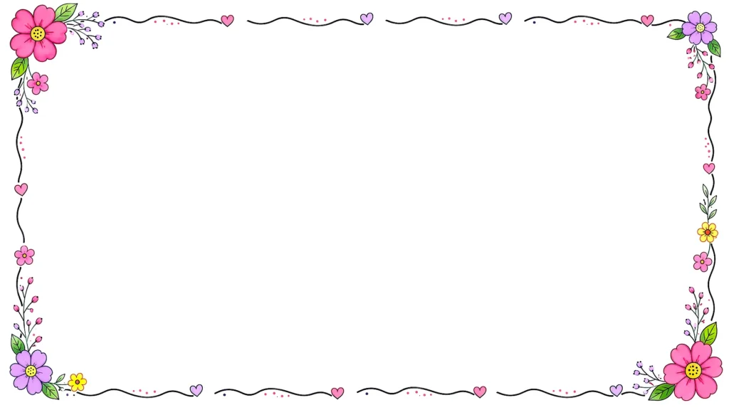 Cute Floral Border Background for Google Slides with Hand-Drawn Ink Flowers and a Wavy Heart Line
