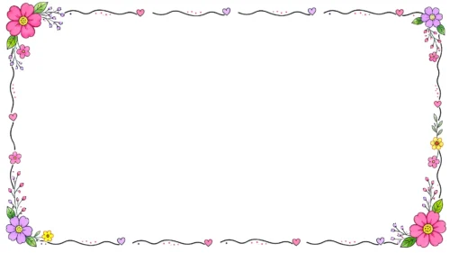 Cute Floral Border Background for Google Slides with Hand-Drawn Ink Flowers and a Wavy Heart Line