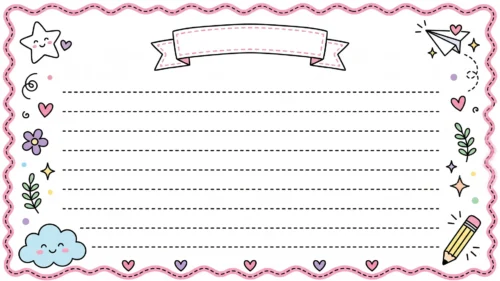 Cute Notebook Frame Background for Google Slides with Scalloped Pink Border and Ribbon Banner Cute Notebook Frame Background for Google Slides with Scalloped Pink Border and Ribbon Banner