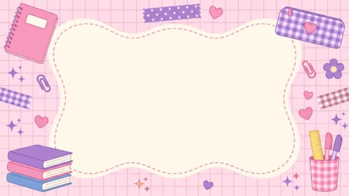 Cute school scrapbook frame background for Google Slides with a cream wavy panel on pink grid paper, notebook, books, gingham pencil case and washi tape